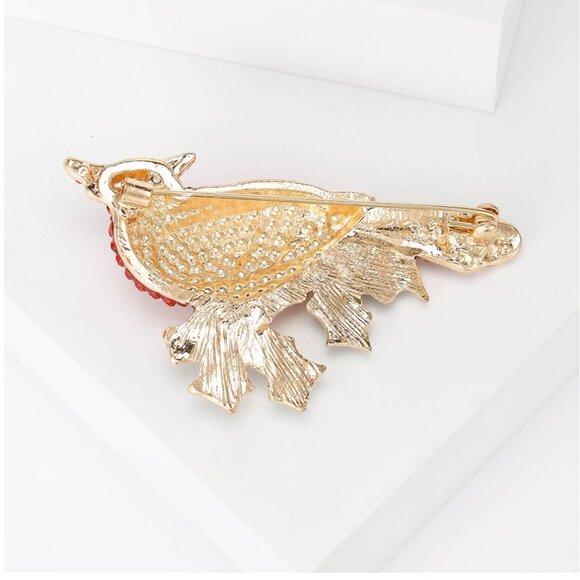 Cardinal Bird Brooch Pin With Red Crystals Enamel Holly Leaf Gold Tone - Picture 2 of 2